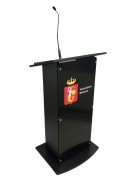 Mównica z nagłośnieniem Premier z  logo, dwa mikrofony, akumulator